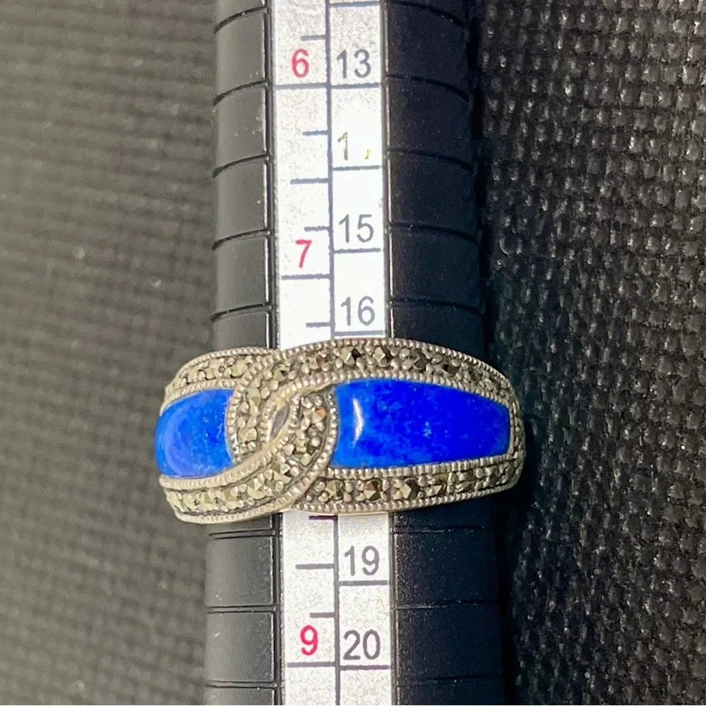 Rare Real Lapis Lazuli 925 Sterling Marcasite Heavy Weight Band Ring 8